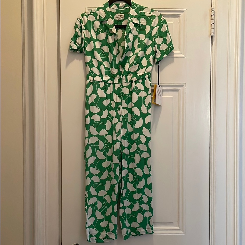 Green and White Leaf Print Jumpsuit